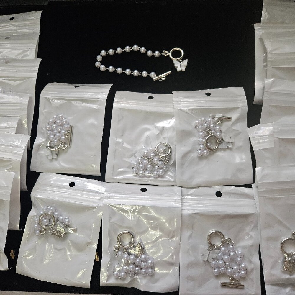 23 Pc White Pearl Beaded Toggle Bracelets Butterfly Charm Bulk Jewelry Lot
